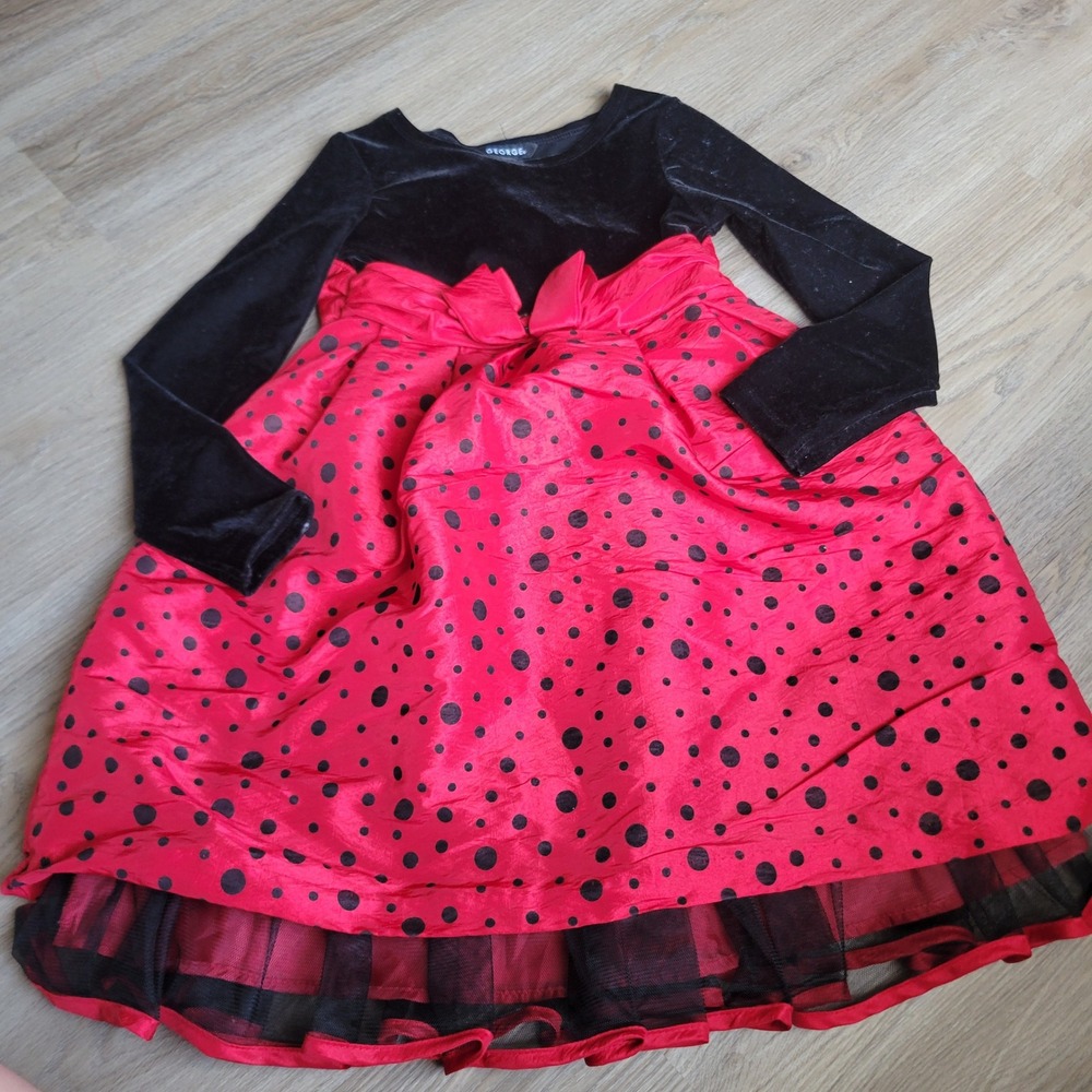 George Girls Party Dress 7 Red Black Polka Dot Velvet Holiday Special Occasion